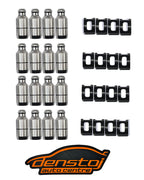 Product shot of Denstoj Subaru FA/FB rocker retainer kit featuring 16 machined steel pivots and 16 black retainer clips arranged on a white background with the Denstoj Auto Centre logo below.