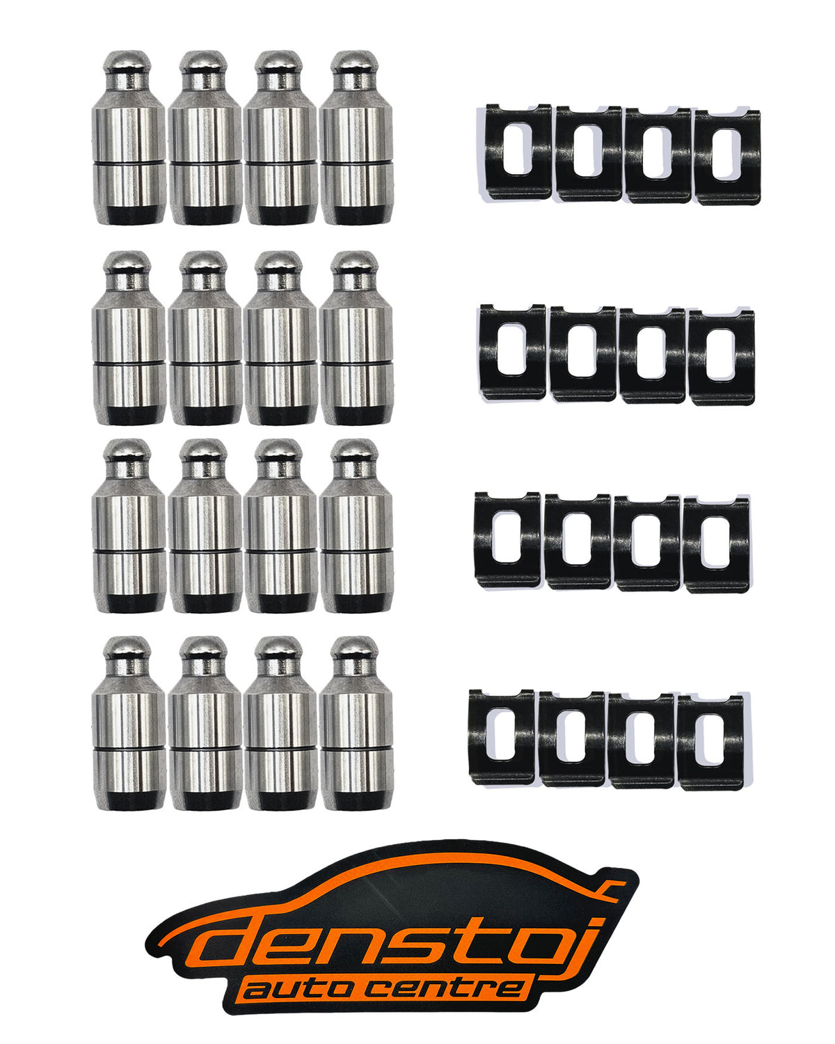 Product shot of Denstoj Subaru FA/FB rocker retainer kit featuring 16 machined steel pivots and 16 black retainer clips arranged on a white background with the Denstoj Auto Centre logo below.