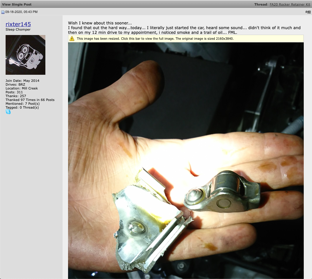 Ricardo's broken rocker arm and pivot after his Toyota 86 engine failed