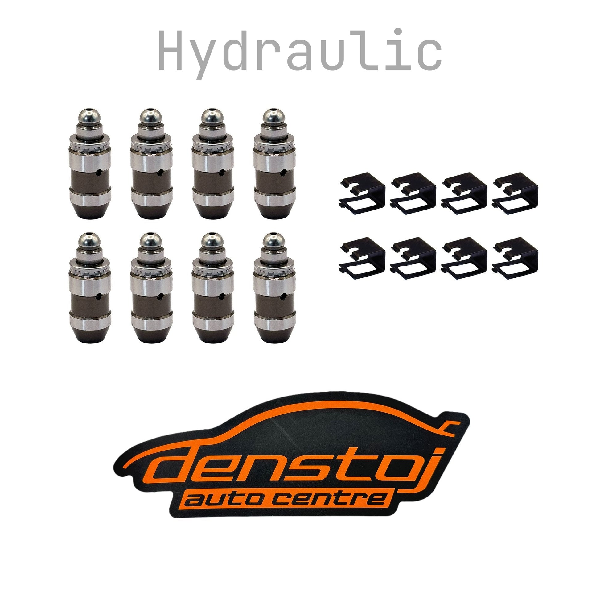 A set of Denstoj rockers retainers for SR20DE / SR20DET Nissan Engine, including 8x OEM-style hydraulic lash adjusters and 8x drop-in rocker retainer clips, accompanied by the Denstoj auto centre logo.