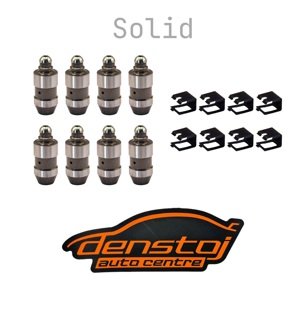 A set of 8 solid lifters with rocker retainers laid out on a white background, accompanied by the 'Denstoj Auto Centre' logo.